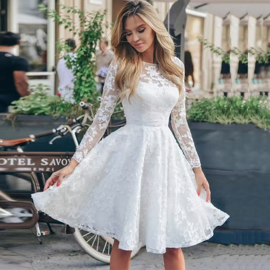Elegant White Lace Long Sleeve Flared Mini Dress – Chic Handmade Party & Cocktail Outfit